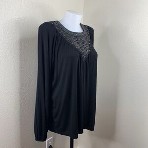 Miss Me Black Long Sleeve Top Blouse Beaded Sz XL Boho Goth Western Details